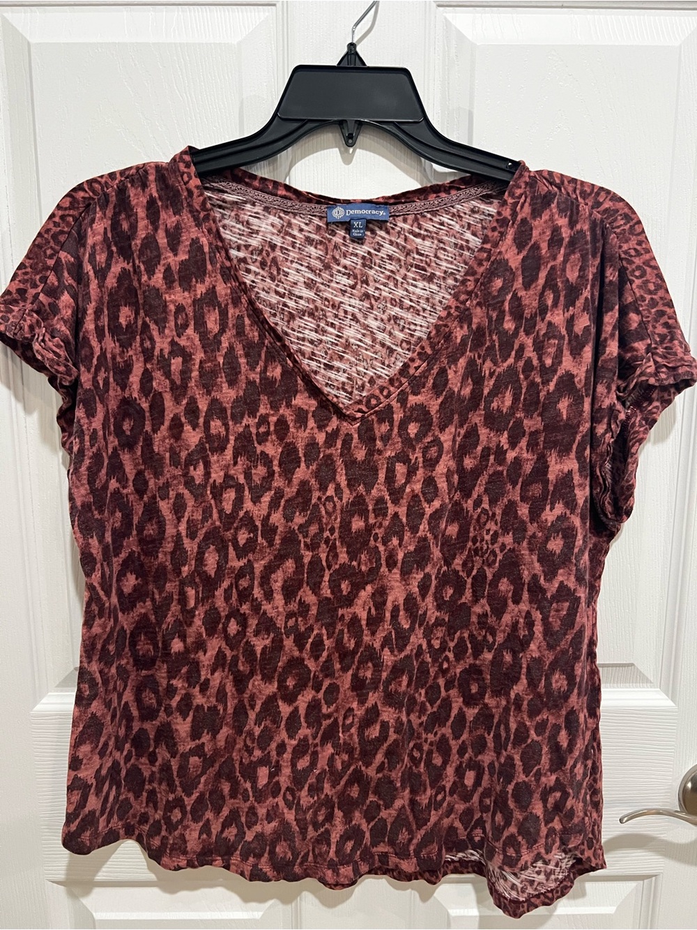 Democracy Burgundy Leopard Print V-Neck Tee